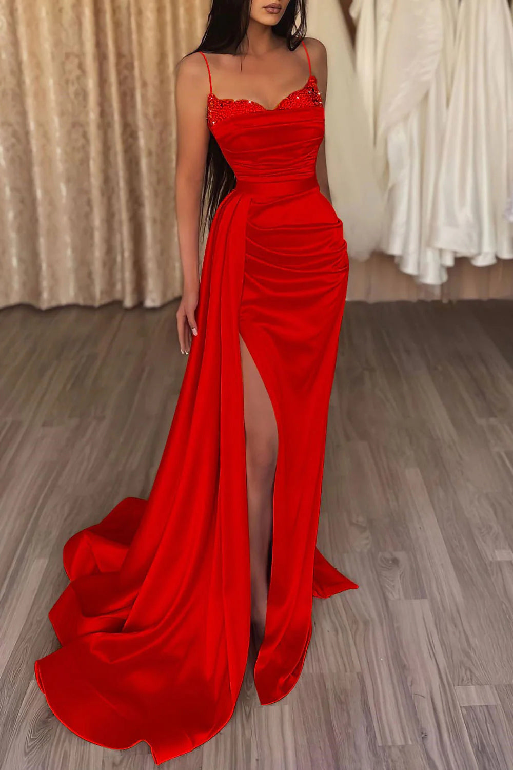 Mermaid Spaghetti Straps Dark Grey Long Prom Dress with Split Front