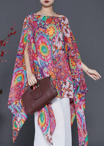 Bohemian Rot Asymmetrische Print Chiffon Shirt Tops Sommer 