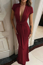 Chic Solid Deep V Short Sleeve Tie Waist Slim Maxi Dress