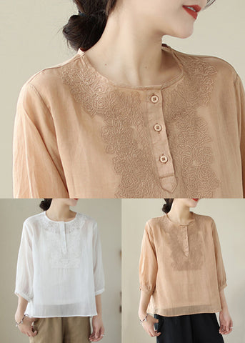 Loose White Embroideried Button Patchwork Cotton Blouse Summer