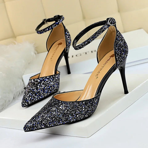 summer new European style stiletto heels shallow mouth pointed head sequins sexy nightclub show thin sandals for women