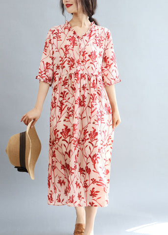 Vestido de fiesta de lino con estampado de volantes rojos, manga corta, hecho a mano 