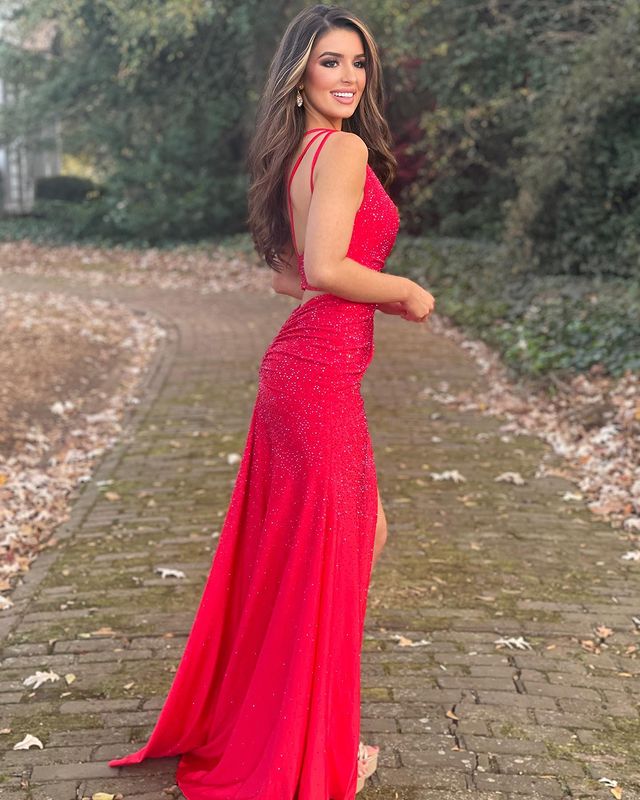 Meerjungfrauen-Abendkleid aus Jersey mit One-Shoulder-Schulter, Perlenbesatz und Schlitz