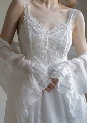 Neuartige weiße V-Ausschnitt bestickte Chiffon-Cardigans mit Blumenmuster und Slip-Kleid, zweiteiliges Set für den Sommer 