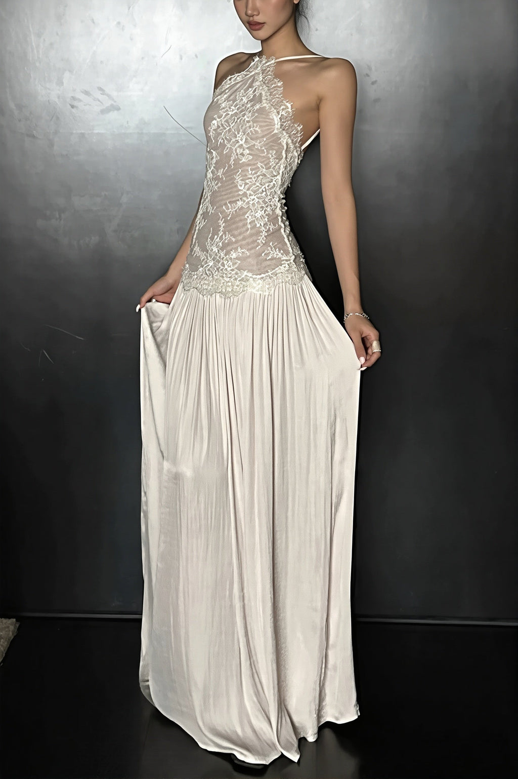 Lace Splice Cami Backless Swing Maxi Dress