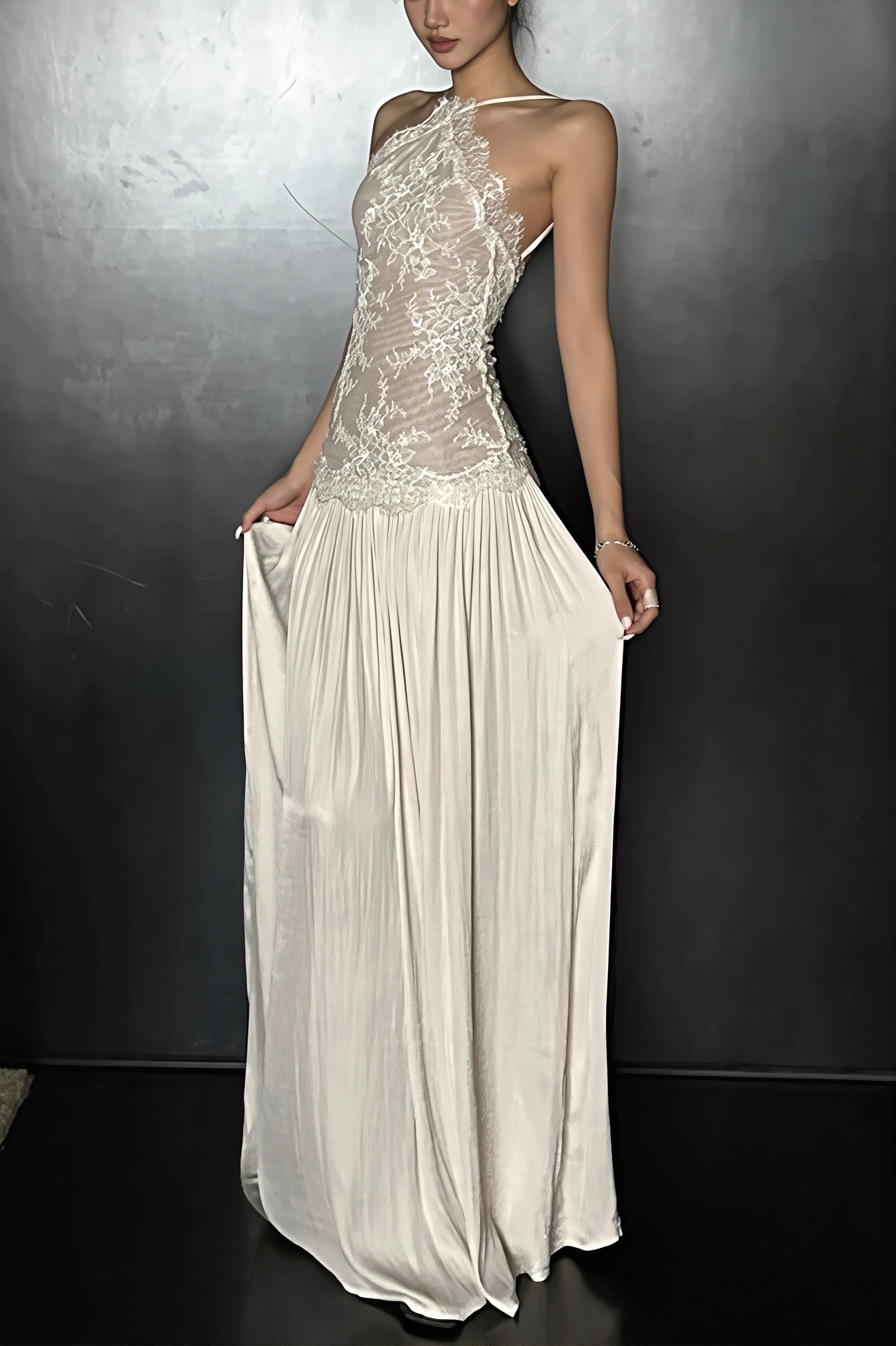 Lace Splice Cami Backless Swing Maxi Dress