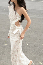 Lace Bowknot Hollow One-Shoulder Long Sleeve Maxi Dress
