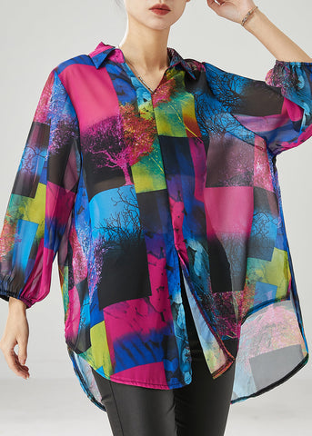 Französisch Lila Oversized Print Chiffon Shirt Tops Frühling 