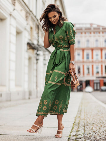 Maxi Dress Stand Collar Half Sleeves Linen Sexy Floral Print Drawstring Floor Length Dress