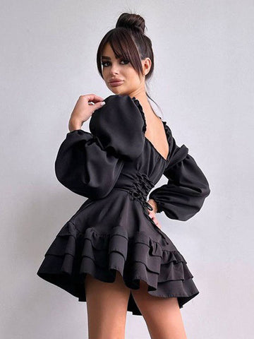 Minikleider Schwarzes Langarm-Plissee-Polyester-Kurzkleid für Damen 