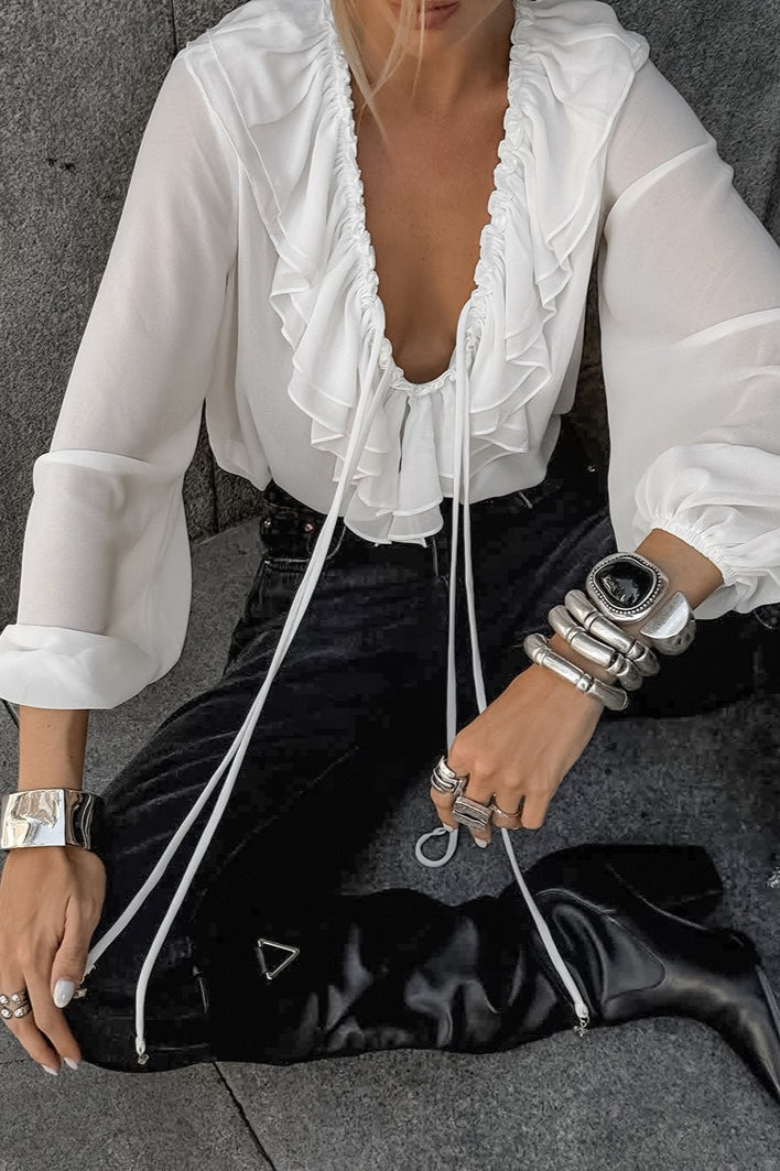 White Ruffled V Neck Lantern Sleeve Blouse