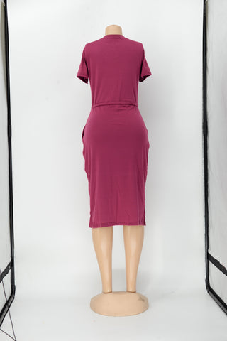 Vestido midi básico de color liso con cintura elástica y manga corta: vestido cómodo y elegante para mujer. 