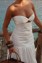 Mesh Strapless Hollow Colorblock Maxi Dress