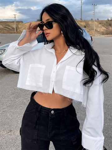 Camisas casuales con bolsillo de solapa Tossy para mujer, top corto holgado de retazos de manga larga, atuendo Y2k, blusa tipo cárdigan de calle lisa