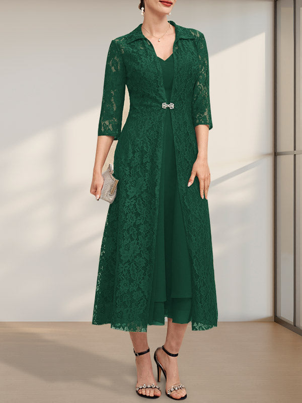 A-Linien-Chiffonkleid mit V-Ausschnitt und Teelänge für die Mutter der Braut