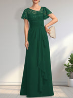 A-Linien-Kleid aus asymmetrischem Chiffon mit Illusion-Effekt, bodenlang, mit Kaskadenrüschen und Pailletten für die Mutter der Braut 