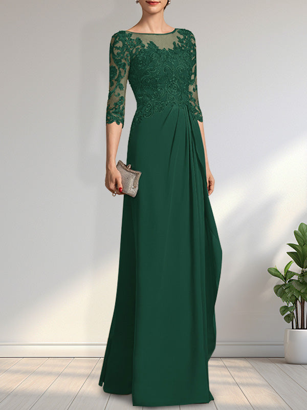 A-Linien-Kleid mit U-Boot-Ausschnitt, Illusion-Effekt, bodenlang, aus Chiffon und Spitze, mit Perlen, Pailletten und kaskadenartigen Rüschen – perfekt für die Mutter der Braut.