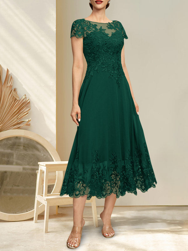 A-Linien-Kleid mit Illusion-Ausschnitt, Rundhalsausschnitt, Teelänge, Spitze und Chiffon, mit Pailletten, für die Mutter der Braut