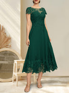 A-Linien-Kleid mit Illusion-Ausschnitt, Rundhalsausschnitt, Teelänge, Spitze und Chiffon, mit Pailletten, für die Mutter der Braut