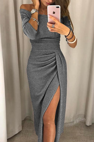 Meridress Off Shoulder Waisted Slit Glitter Party Dress