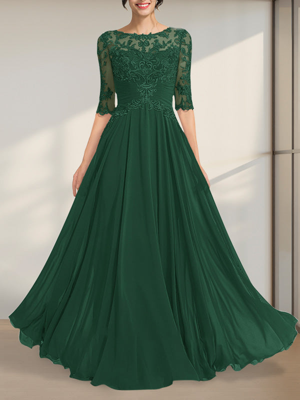 A-Linien-Kleid mit Illusion-Ausschnitt, bodenlang, aus Chiffon und Spitze, mit plissierten Pailletten und V-Ausschnitt für die Mutter der Braut