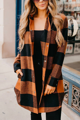 Meridress Vintage Shacket-Jacke mit abgerundetem Saum und Button-Down-Karomuster