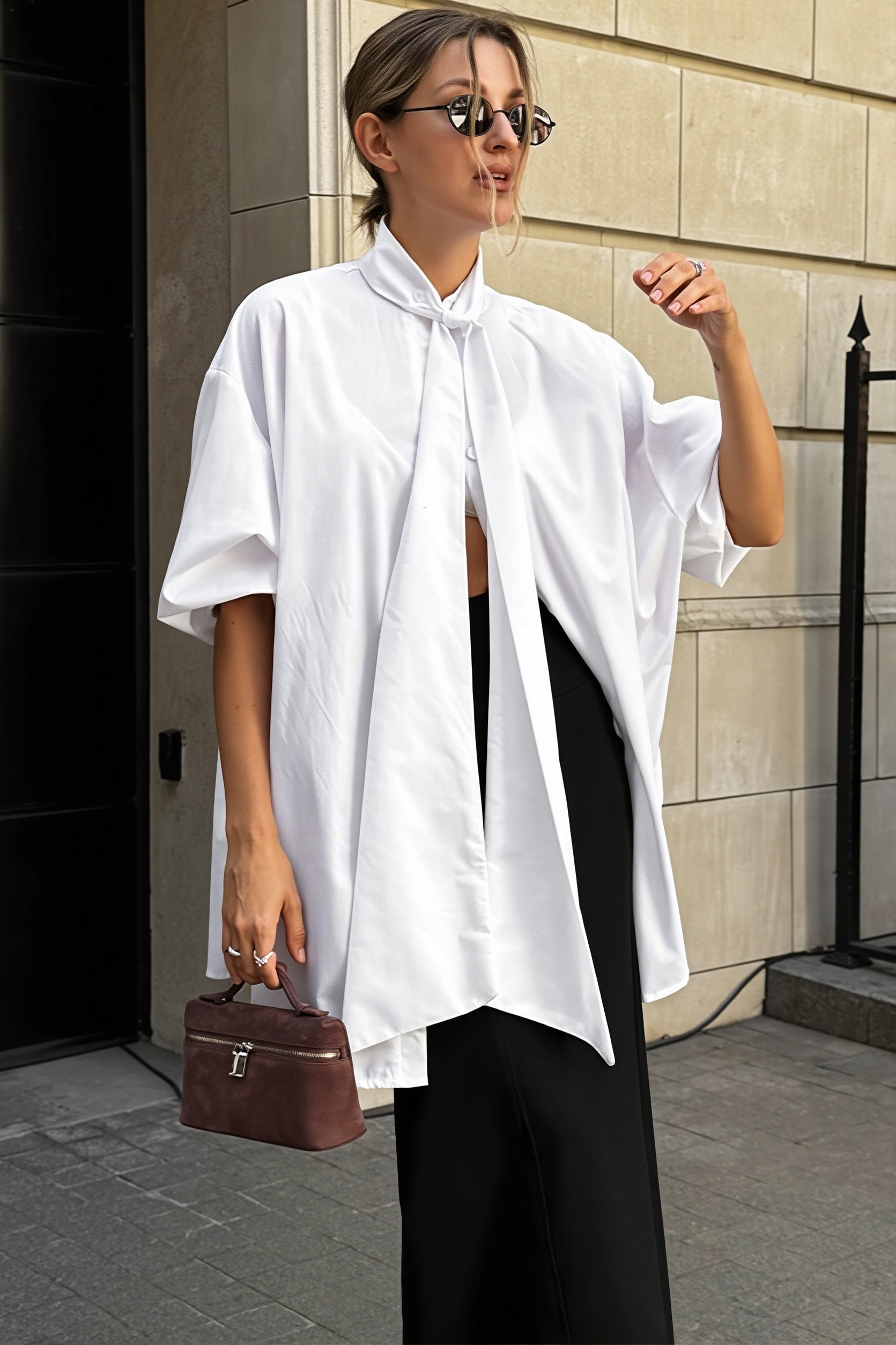 Stand Collar Tie White Elegant Blouse