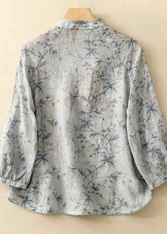 Bio-Baumwoll-Top mit Stehkragen und Armbandärmeln in Blau 