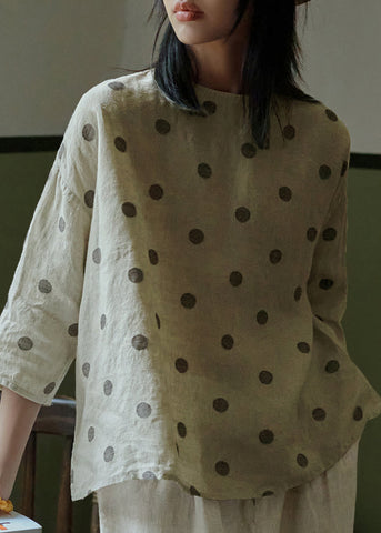 Blusa de lino con cuello redondo y lunares de jacquard para mujer, con mangas de pulsera 