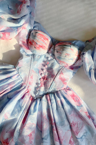 Lantern Sleeve Square Collar Print Mini Dress Blue
