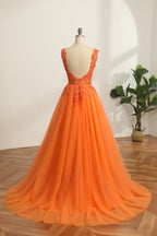 Langes, orangefarbenes Prinzessinnen-Abendkleid in A-Linie mit V-Ausschnitt und Applikationen