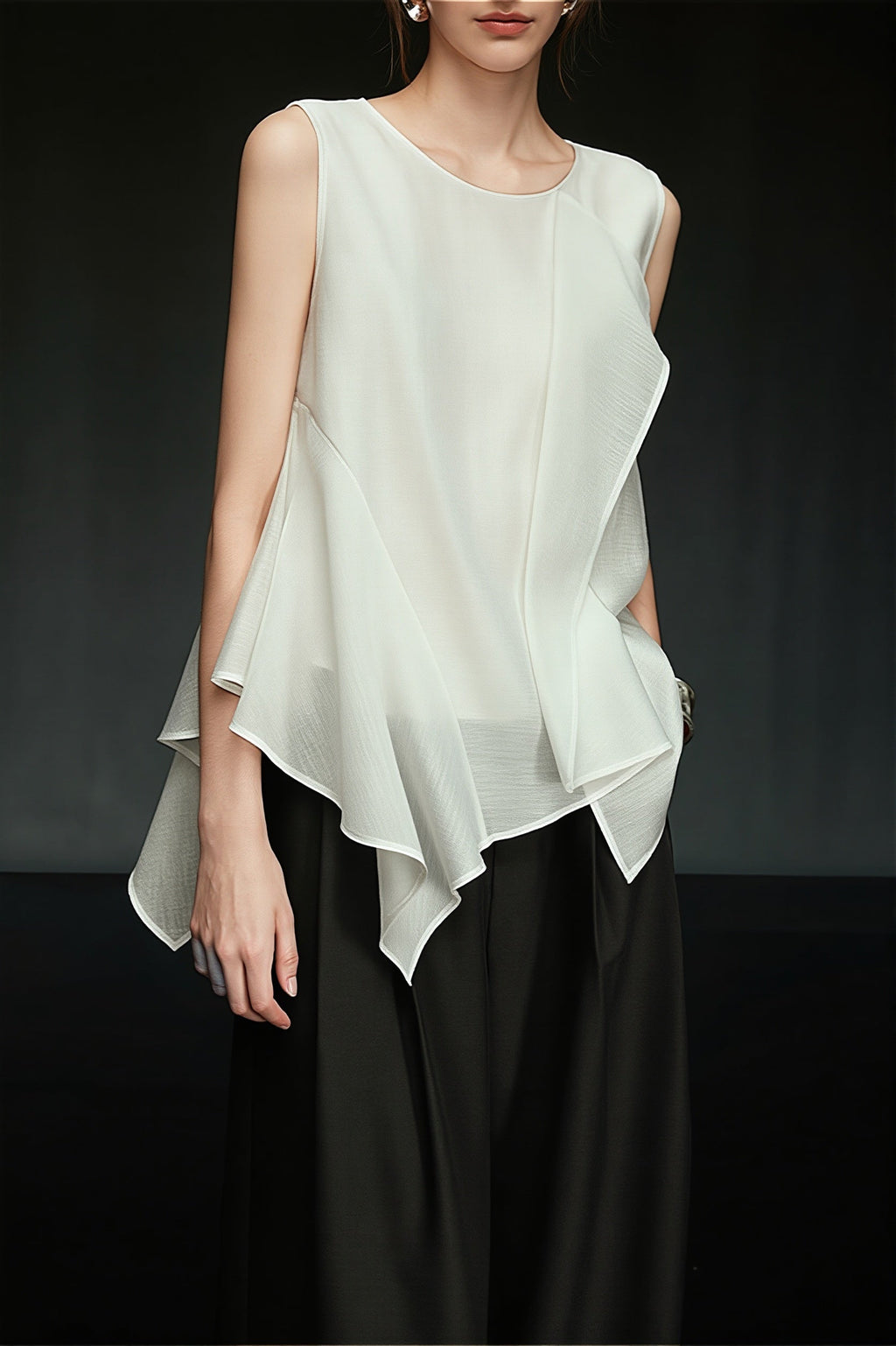 White Irregular Ruffle Sleeveless Blouse
