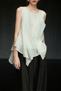 White Irregular Ruffle Sleeveless Blouse