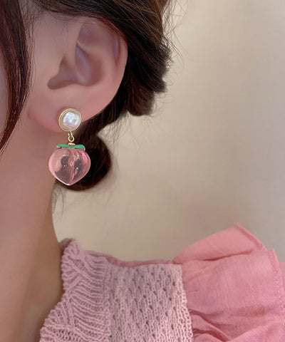 Cute Red Alloy Acrylic Pearl Peach Drop Earrings