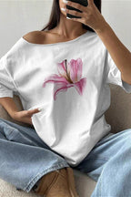 Lily Print Asym Off‑Shoulder T‑shirt