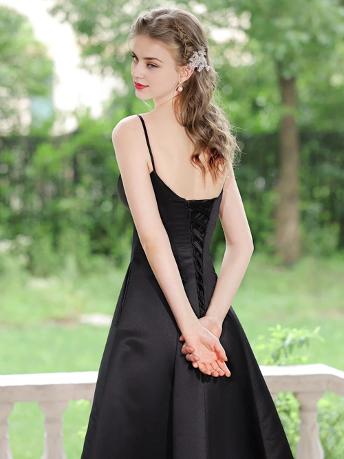 A-Line V Neck Tea Length Satin Prom Dress Formal Dress