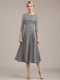 A-Linien-Kleid aus Chiffon mit Rundhalsausschnitt und Teelänge für die Mutter der Braut 