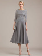 A-Linien-Kleid aus Chiffon mit Rundhalsausschnitt und Teelänge für die Mutter der Braut 