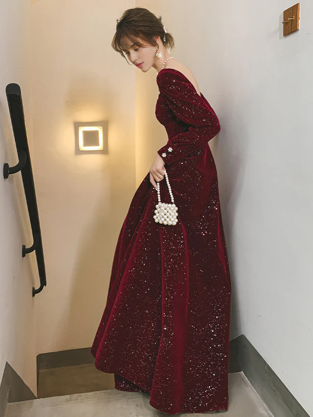 Vestido formal largo de terciopelo con mangas largas y corte A, para fiesta de graduación, para invitados de boda