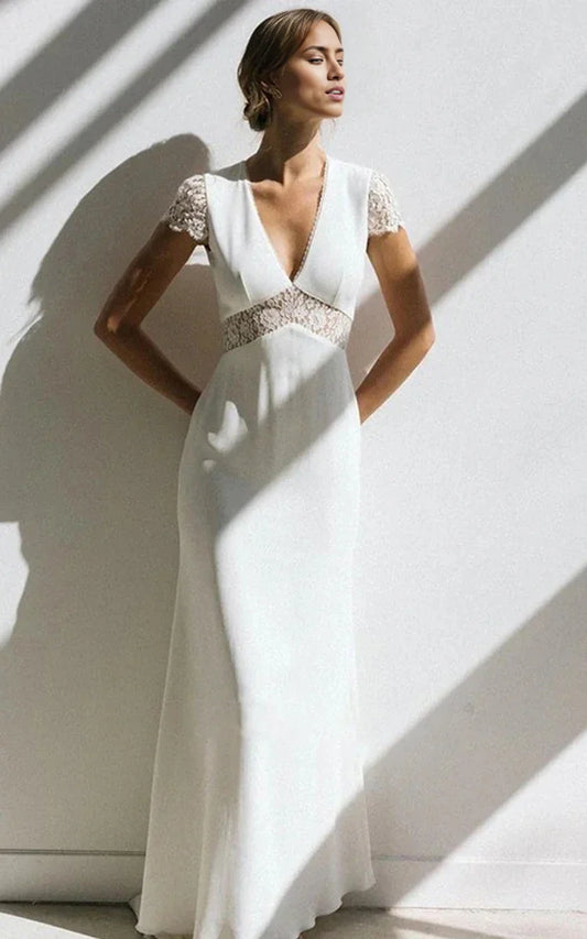 Sheath Simple Short Sleeve Empire Floor-Length Sweep Train Chiffon V-neck Wedding Dress