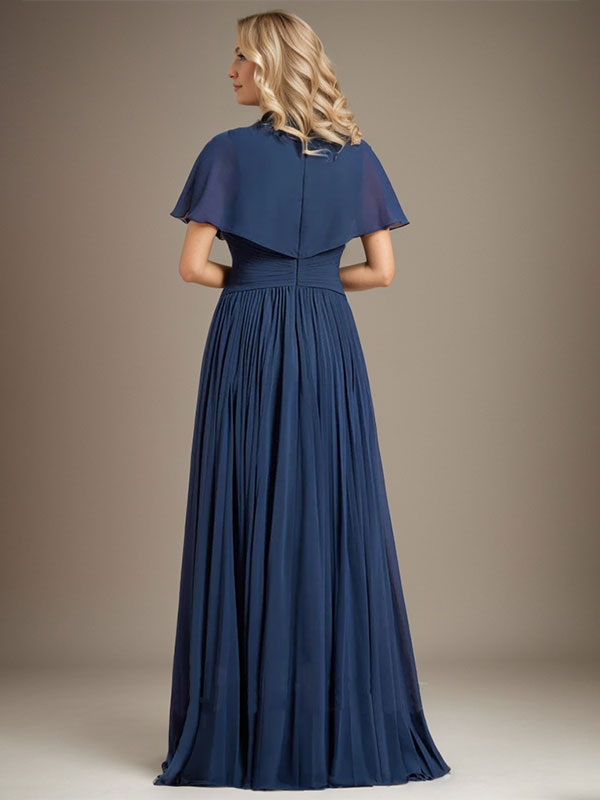A-Linien-Chiffonkleid mit V-Ausschnitt, bodenlang, für die Mutter der Braut, mit Kristallbrosche und Falten 