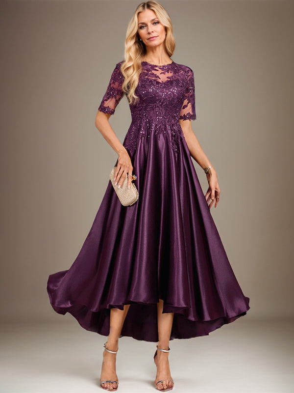 A-Linien-Kleid mit asymmetrischem, transparentem Ausschnitt, Stretch-Satinspitze und Pailletten für die Mutter der Braut 
