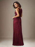 Rubinrotes Etuikleid mit One-Shoulder-Schulter und Metallic-Mesh-Optik, Brautmutterkleid