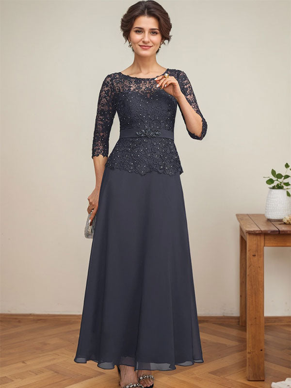 A-Linien-Kleid mit U-Boot-Ausschnitt, Illusion-Detail, knöchellang, aus Chiffon und Spitze mit Strassperlen für die Mutter der Braut. 