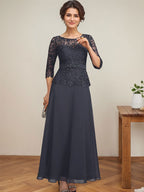 A-Linien-Kleid mit U-Boot-Ausschnitt, Illusion-Detail, knöchellang, aus Chiffon und Spitze mit Strassperlen für die Mutter der Braut. 