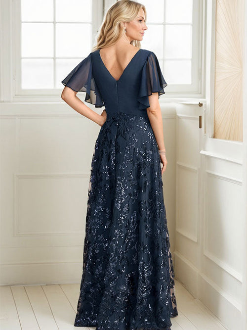 A-line V-Neck Floor-Length Lace Sequin Chiffon Mother of the Bride Dress With Pleated