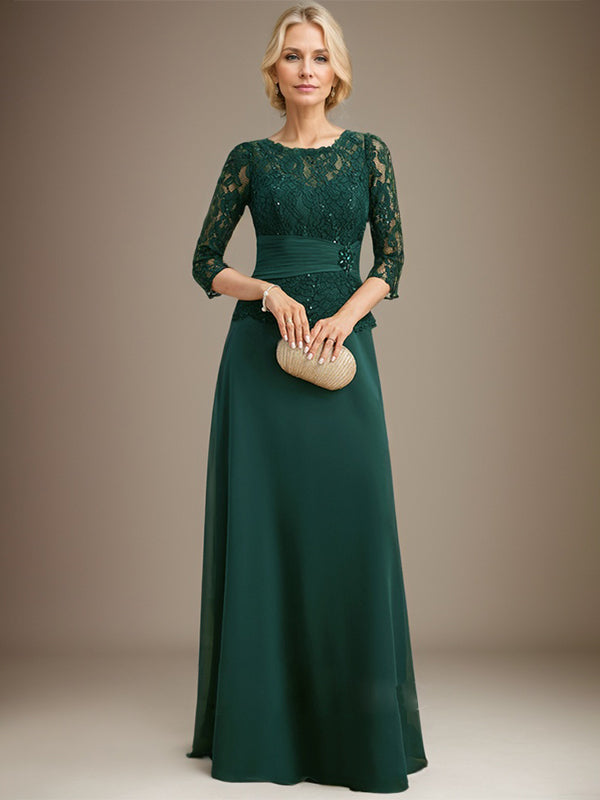 A-Linien-Kleid mit U-Boot-Ausschnitt, Illusion-Detail, bodenlang, aus Chiffonspitze, mit plissierten Pailletten und Perlenstickerei für die Mutter der Braut. 