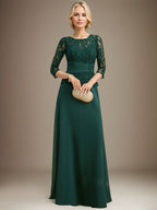 A-Linien-Kleid mit U-Boot-Ausschnitt, Illusion-Detail, bodenlang, aus Chiffonspitze, mit plissierten Pailletten und Perlenstickerei für die Mutter der Braut. 