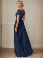 Dunkelblaues A-Linien-Pailletten-Chiffonkleid mit U-Boot-Ausschnitt 