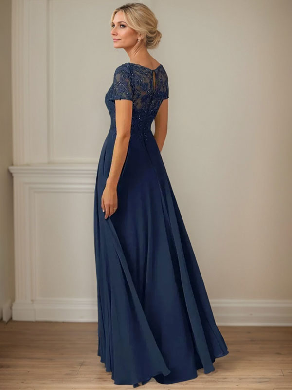 Dunkelblaues A-Linien-Pailletten-Chiffonkleid mit U-Boot-Ausschnitt 